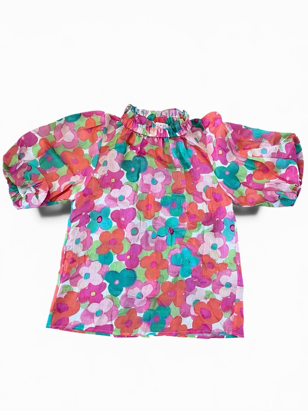 THML Floral Mock Neck Puff Sleeve Blouse Size Small Pink Teal Orange Sz Sm